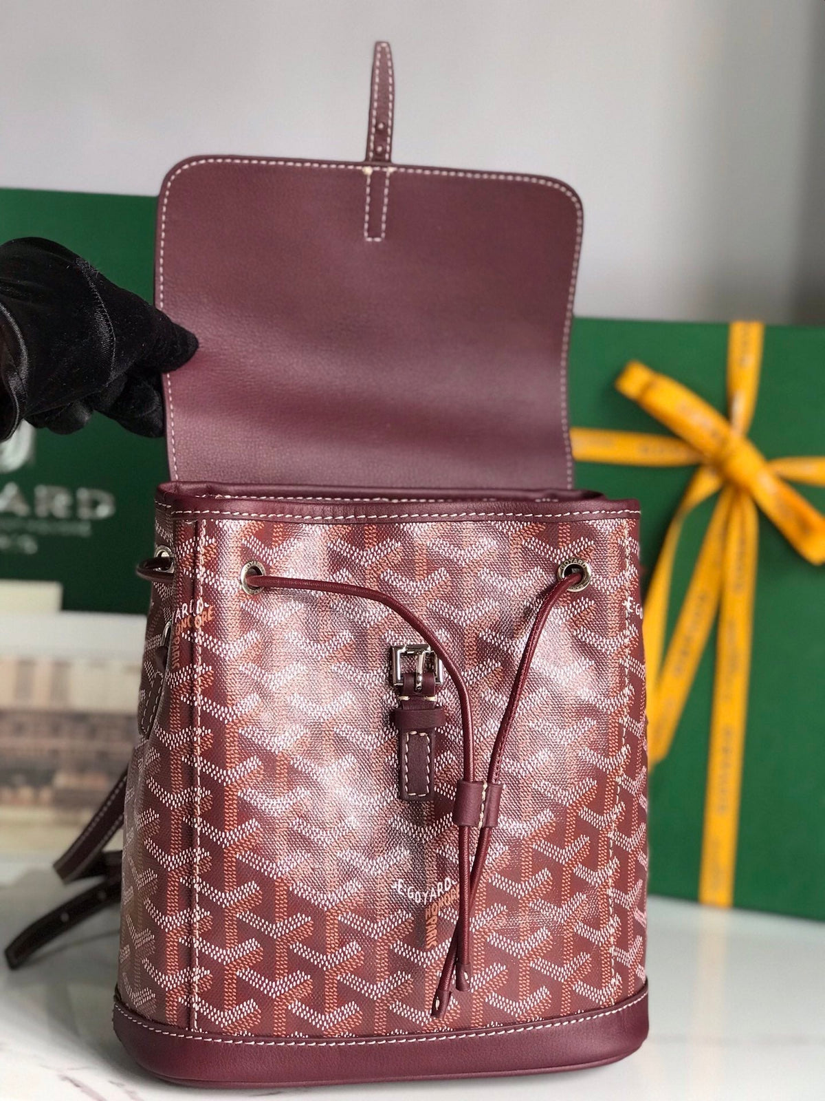 GOYARD ALPIN MINI BACKPACK 21 IN WINE RED LAMBSKIN AND GOYARDINE CANVAS