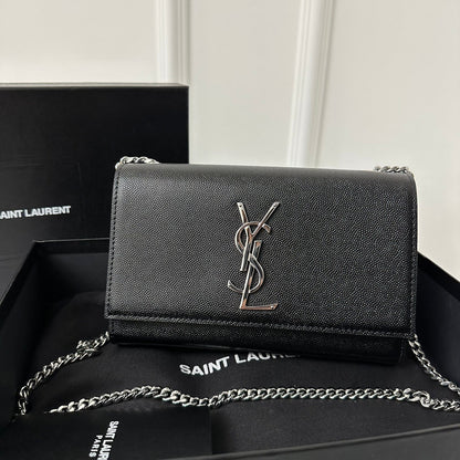 SAINT LAURENT KATE 20 SMALL IN CALFSKIN BLACK WITH SILVER LOGO