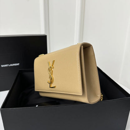 SAINT LAURENT KATE 20 SMALL IN CALFSKIN BEIGE CREAM WITH GOLD LOGO