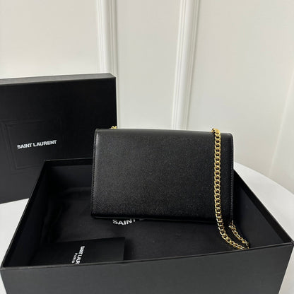 SAINT LAURENT KATE 20 SMALL IN CALFSKIN BLACK WITH GOLD LOGO