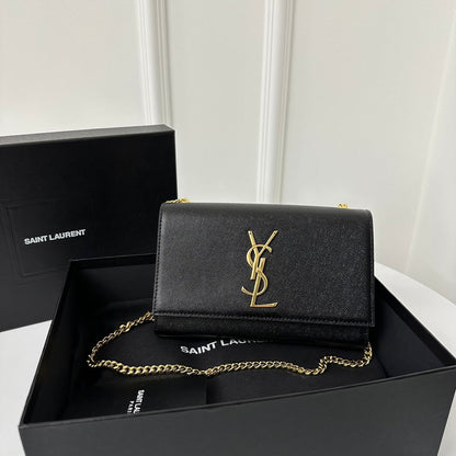 SAINT LAURENT KATE 20 SMALL IN CALFSKIN BLACK WITH GOLD LOGO