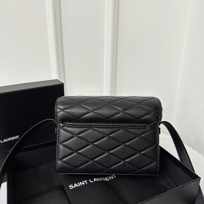 SAINT LAURENT JUNE 19 BLACK QUILTED LAMBSKIN WITH GOLD LOGO BOX BAG