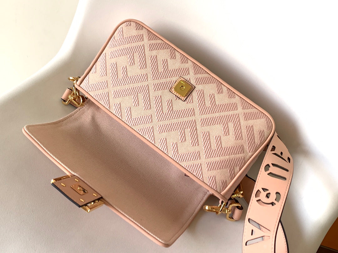 FENDI Fend Baguette Pink Canvas Bag 27 with FF Embroidery Ghw