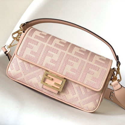 FENDI Fend Baguette Pink Canvas Bag 27 with FF Embroidery Ghw