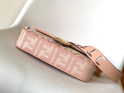 FENDI Fend Baguette Pink Canvas Bag 27 with FF Embroidery Ghw