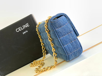 CELINE DENIM LEATHER 24 CHAIN SHOUDER BAG
