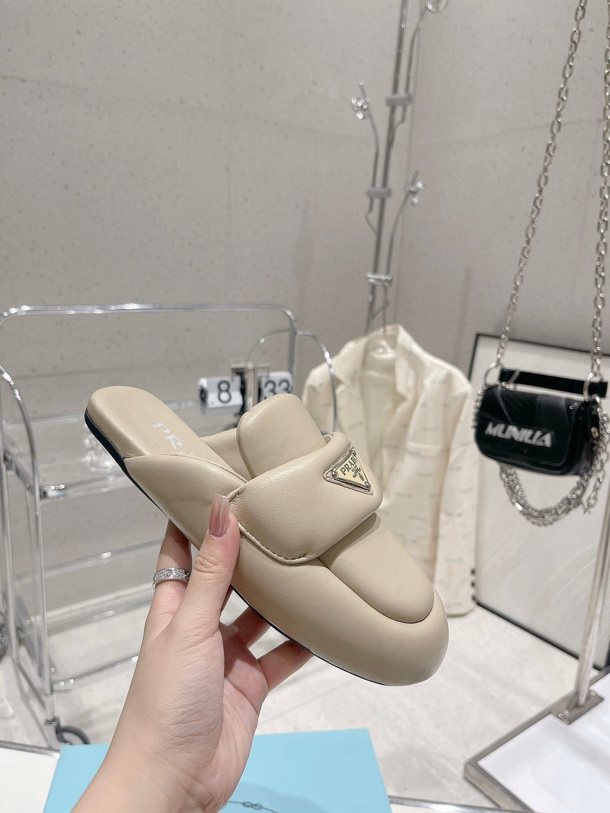 PRADA SOFT PADDED NAPPA SHEARLING MULES BEIGE LAMBSKIN