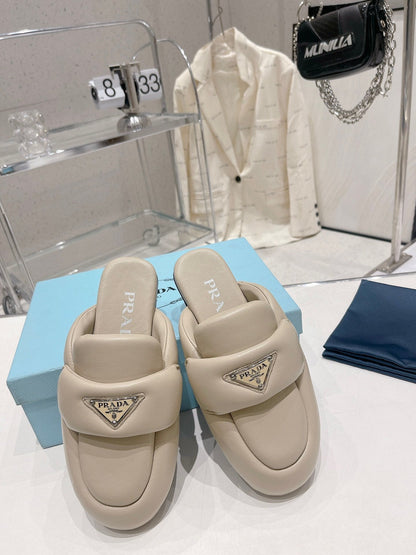 PRADA SOFT PADDED NAPPA SHEARLING MULES BEIGE LAMBSKIN