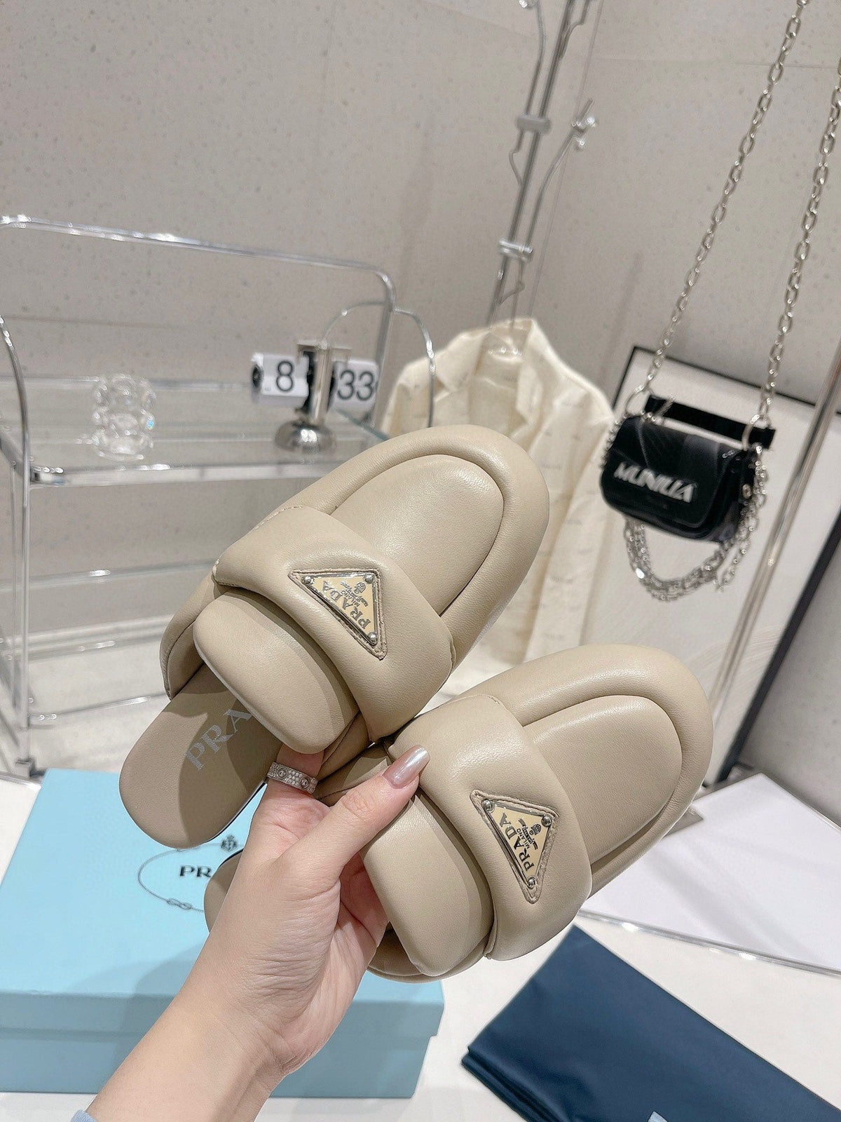 PRADA SOFT PADDED NAPPA SHEARLING MULES BEIGE LAMBSKIN