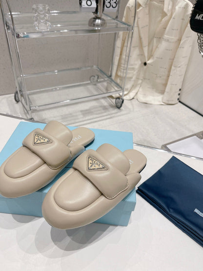 PRADA SOFT PADDED NAPPA SHEARLING MULES BEIGE LAMBSKIN