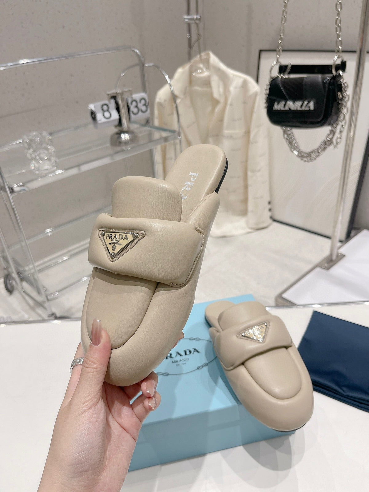 PRADA SOFT PADDED NAPPA SHEARLING MULES BEIGE LAMBSKIN