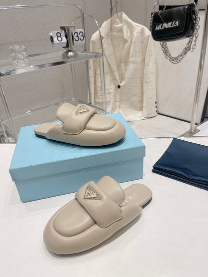 PRADA SOFT PADDED NAPPA SHEARLING MULES BEIGE LAMBSKIN
