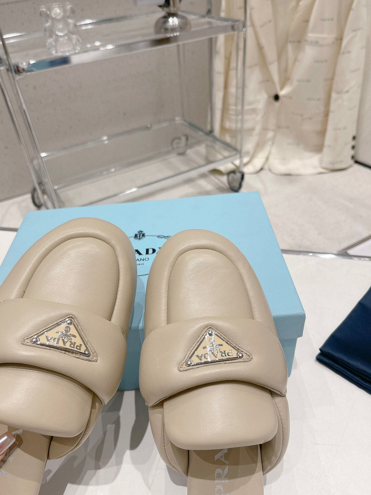 PRADA SOFT PADDED NAPPA SHEARLING MULES BEIGE LAMBSKIN
