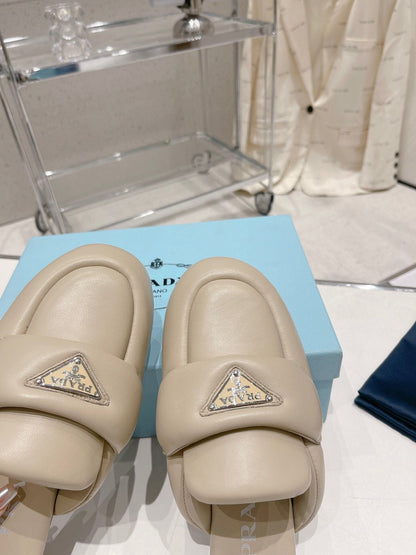 PRADA SOFT PADDED NAPPA SHEARLING MULES BEIGE LAMBSKIN