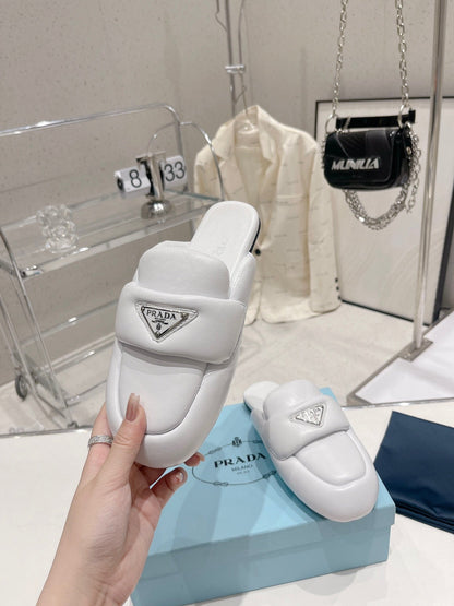 PRADA SOFT PADDED NAPPA SHEARLING MULES WHITE LAMBSKIN