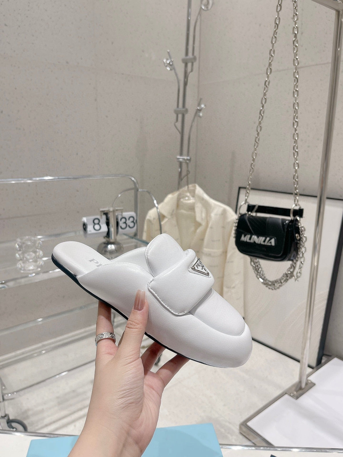 PRADA SOFT PADDED NAPPA SHEARLING MULES WHITE LAMBSKIN