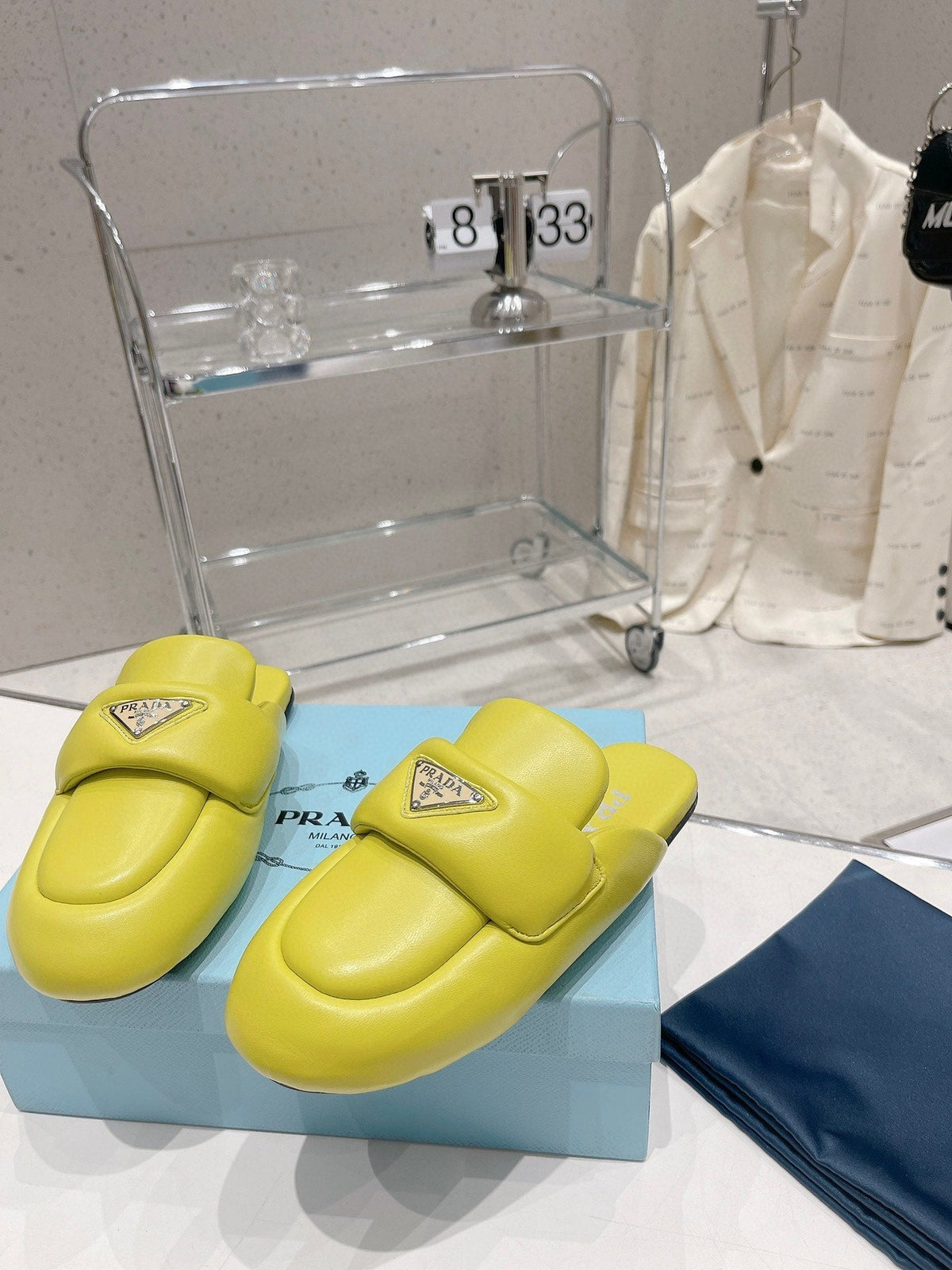 PRADA SOFT PADDED NAPPA SHEARLING MULES LIME LAMBSKIN