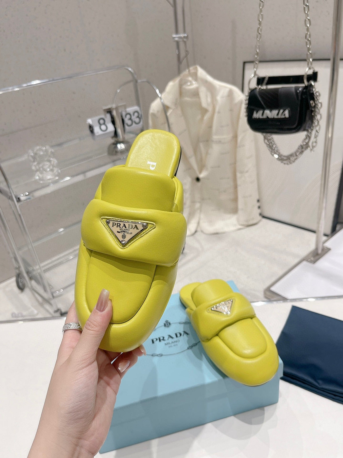 PRADA SOFT PADDED NAPPA SHEARLING MULES LIME LAMBSKIN
