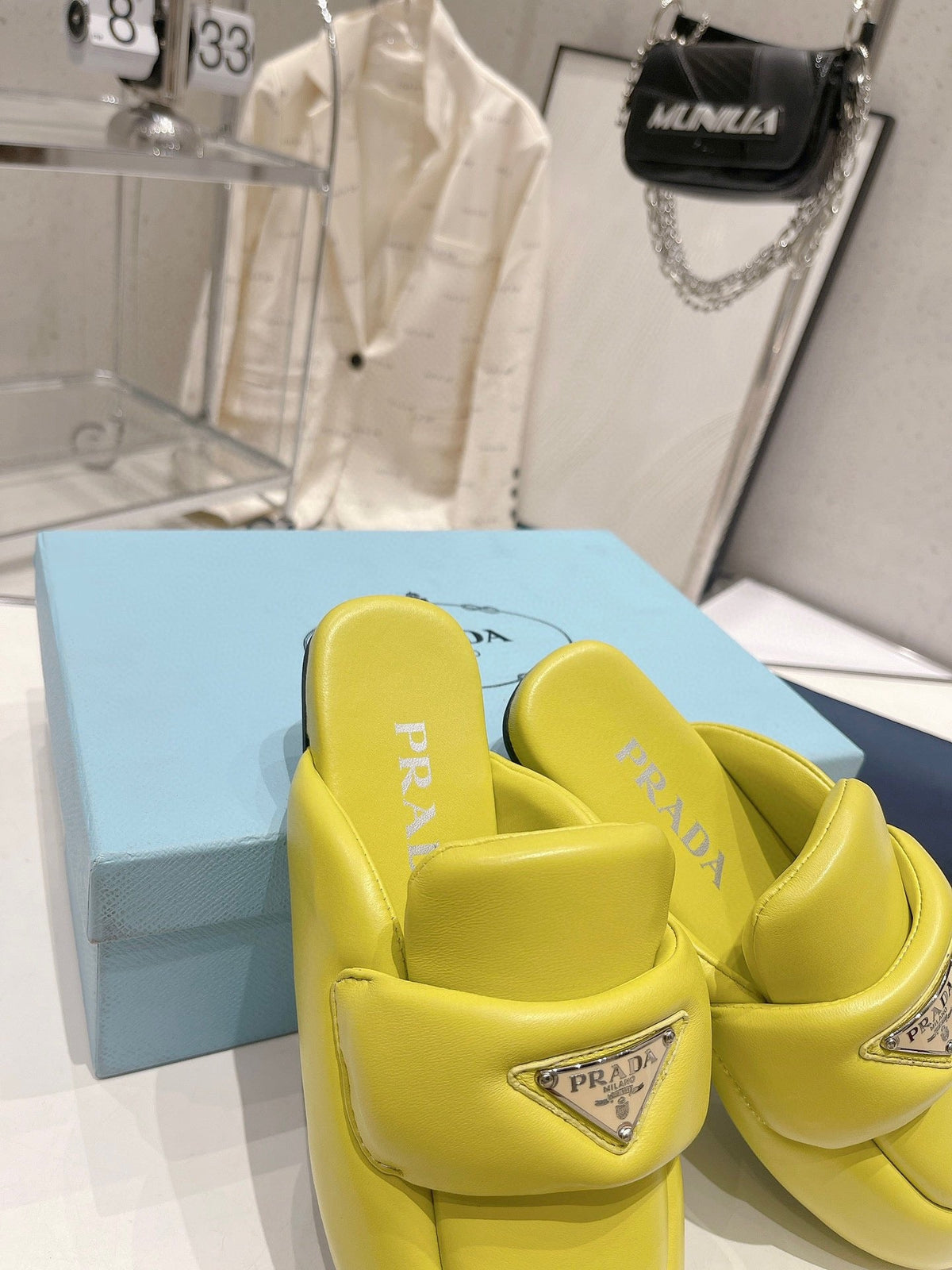 PRADA SOFT PADDED NAPPA SHEARLING MULES LIME LAMBSKIN