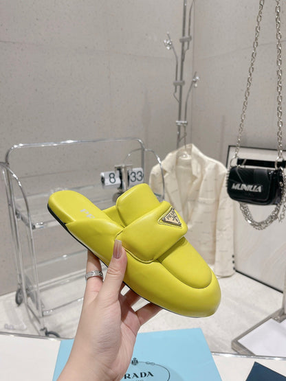 PRADA SOFT PADDED NAPPA SHEARLING MULES LIME LAMBSKIN