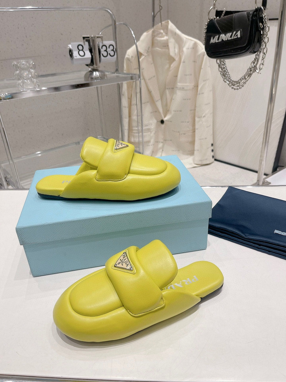 PRADA SOFT PADDED NAPPA SHEARLING MULES LIME LAMBSKIN