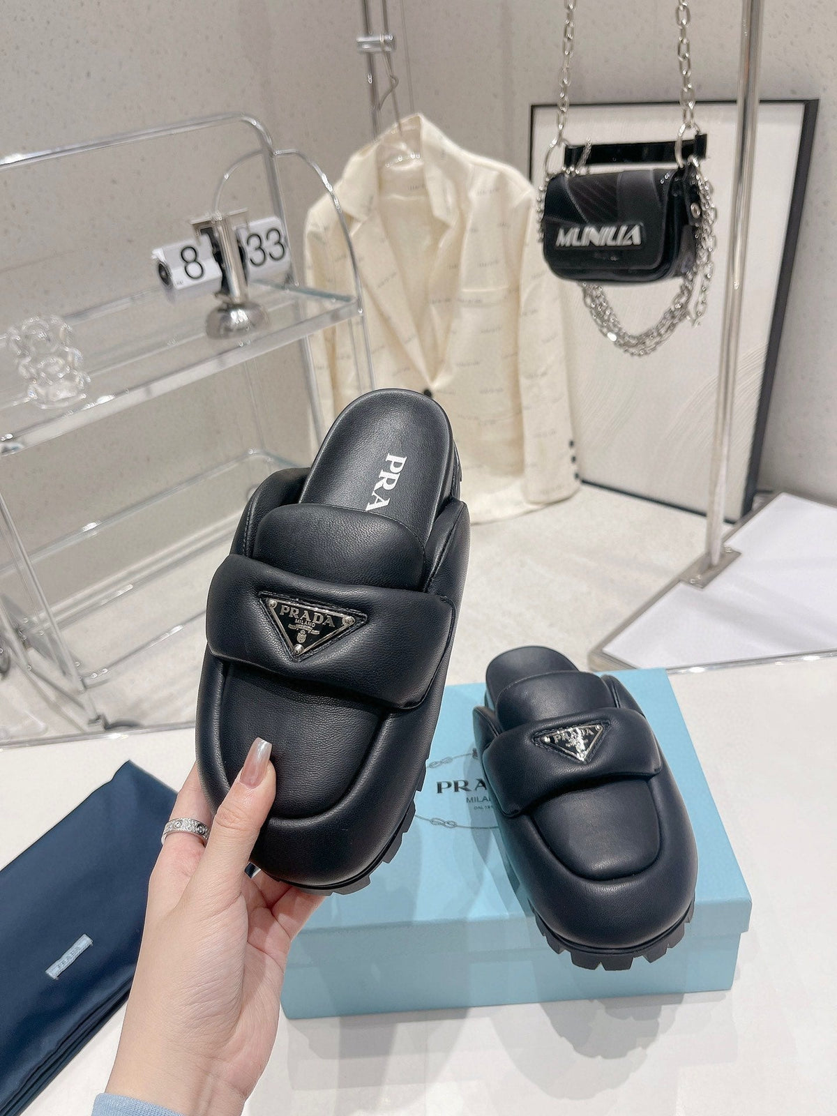 PRADA SOFT PADDED NAPPA SHEARLING MULES BLACK LAMBSKIN