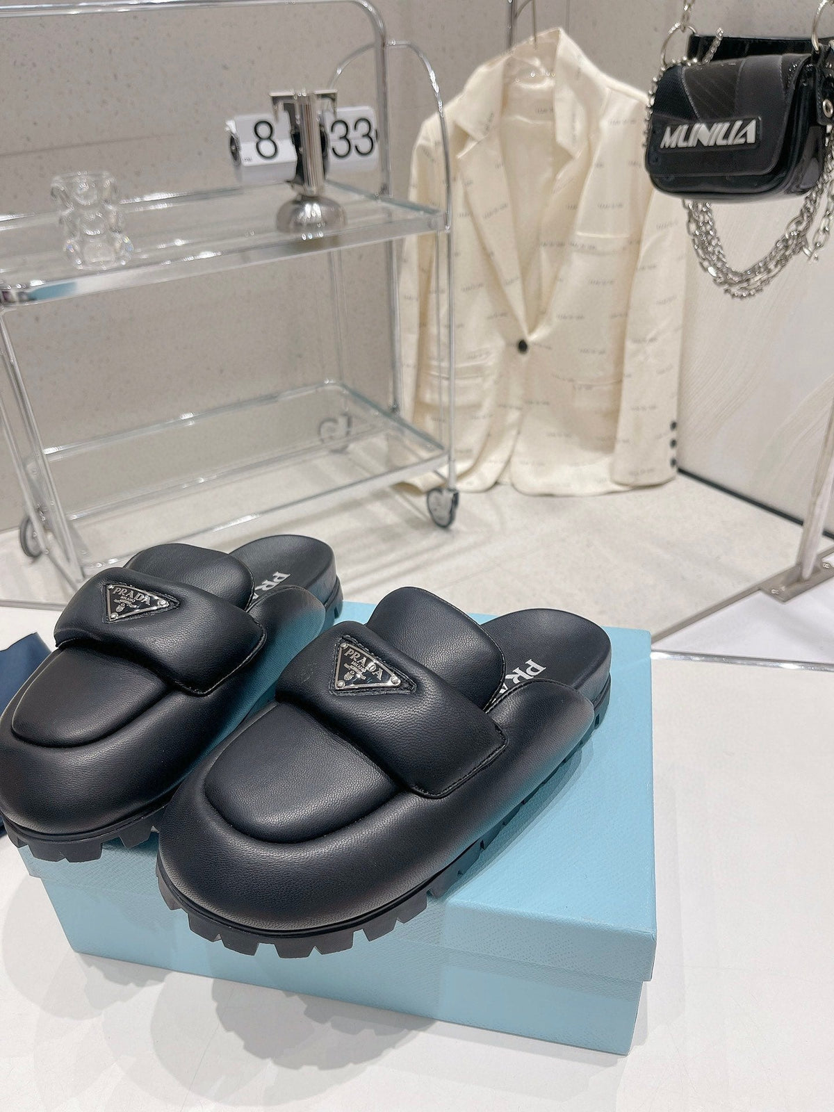 PRADA SOFT PADDED NAPPA SHEARLING MULES BLACK LAMBSKIN