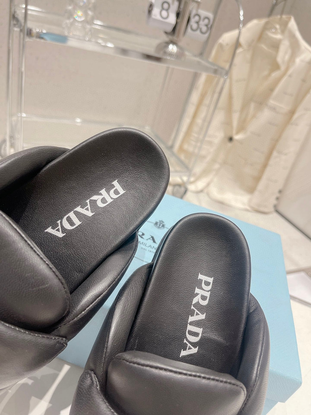 PRADA SOFT PADDED NAPPA SHEARLING MULES BLACK LAMBSKIN