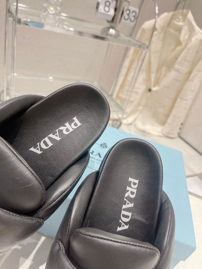 PRADA SOFT PADDED NAPPA SHEARLING MULES BLACK LAMBSKIN