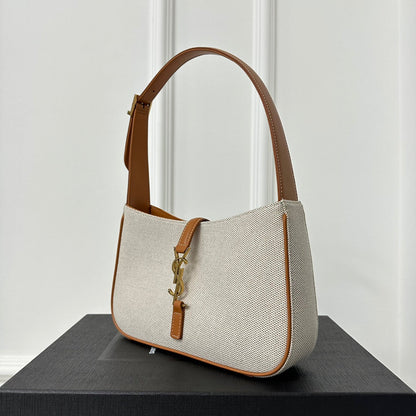 SAINT LAURENT LE 5 À 7 BAG 23 WHITE BROWN CANVAS WITH CALFSKIN
