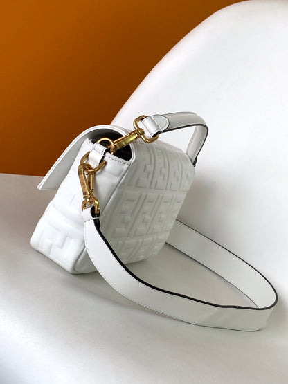 FENDI Fend Baguette 27 Bag With FF Motif White Leather Ghw