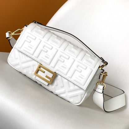 FENDI Fend Baguette 27 Bag With FF Motif White Leather Ghw