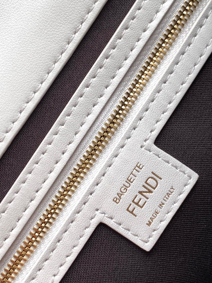 FENDI Fend Baguette 27 Bag With FF Motif White Leather Ghw