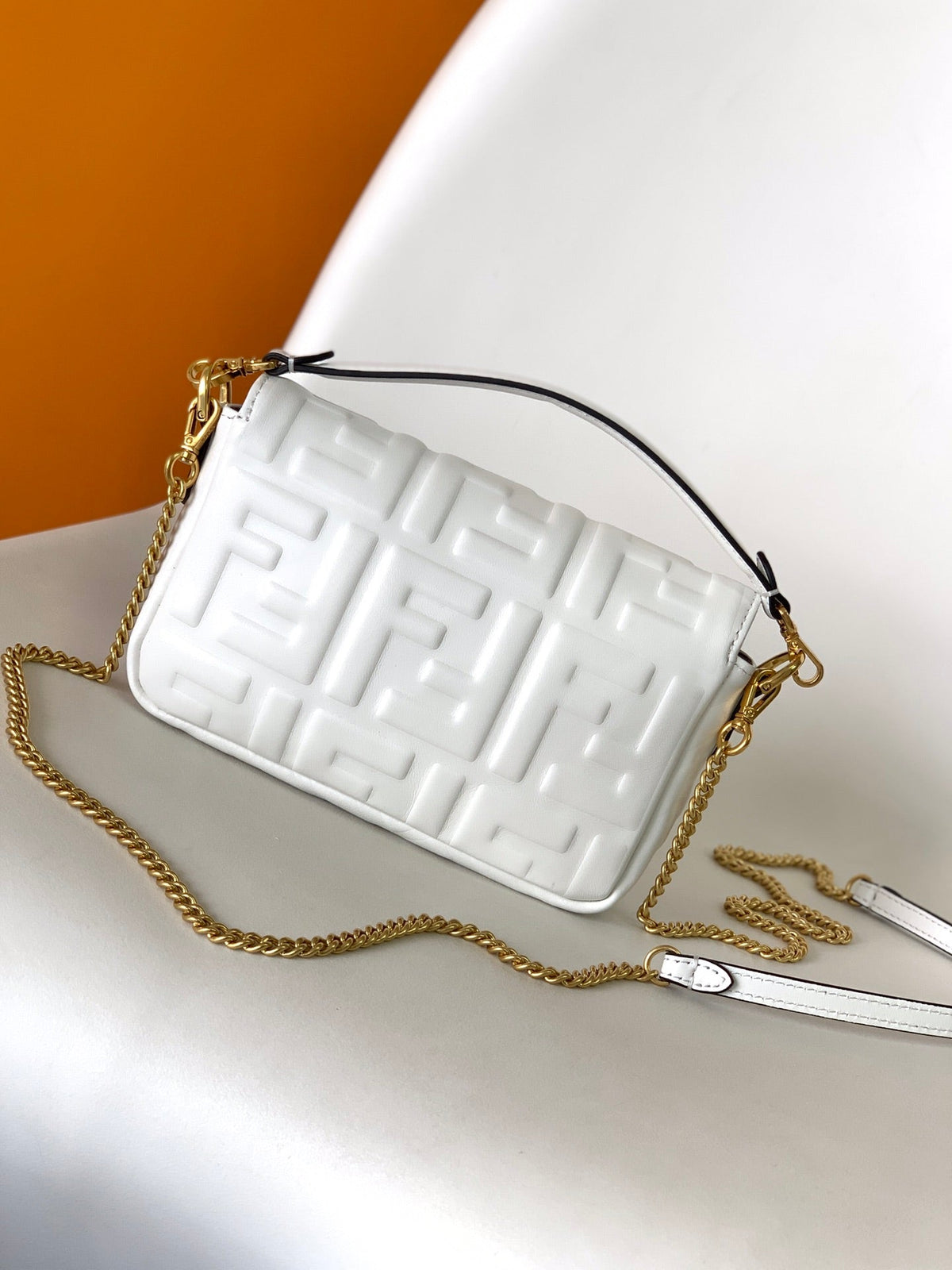 FENDI Mini Baguette Bag 20 With FF Motif White Leather Ghw