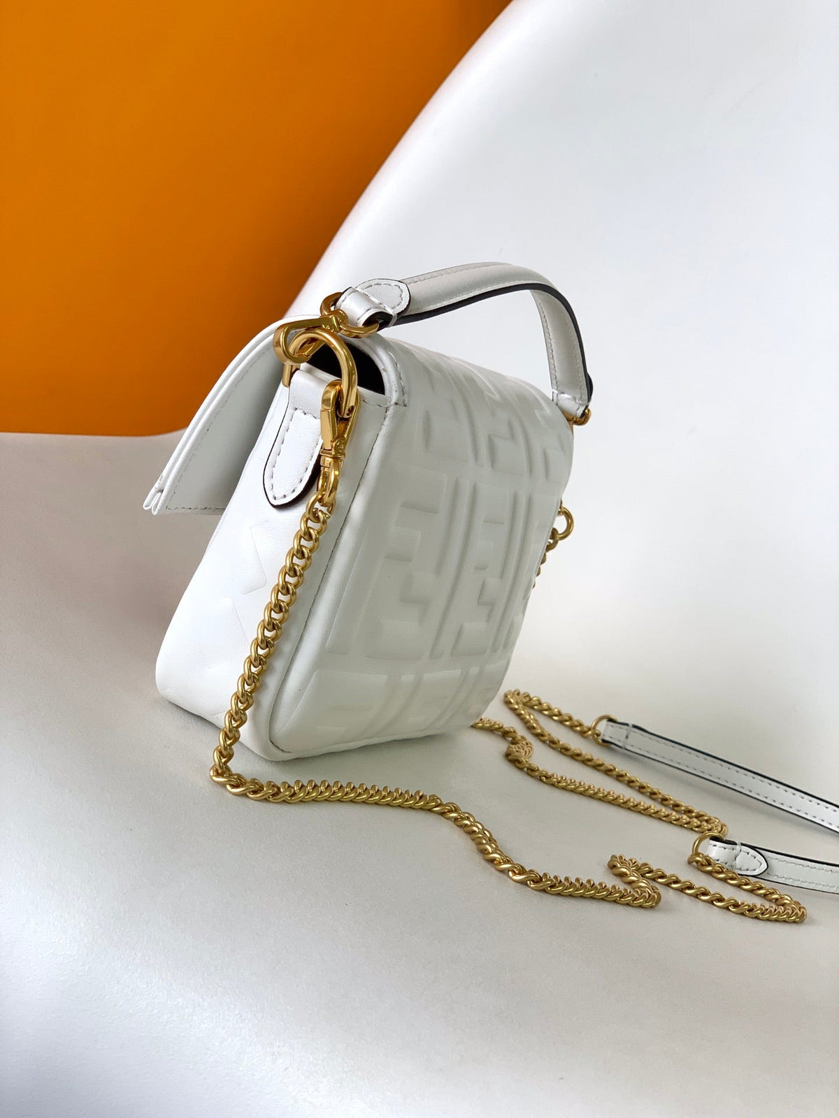 FENDI Mini Baguette Bag 20 With FF Motif White Leather Ghw
