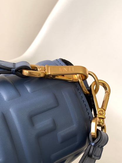 FENDI Fend Baguette 27 Bag With FF Motif Blue Leather Ghw