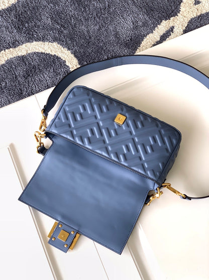 FENDI Fend Baguette 27 Bag With FF Motif Blue Leather Ghw