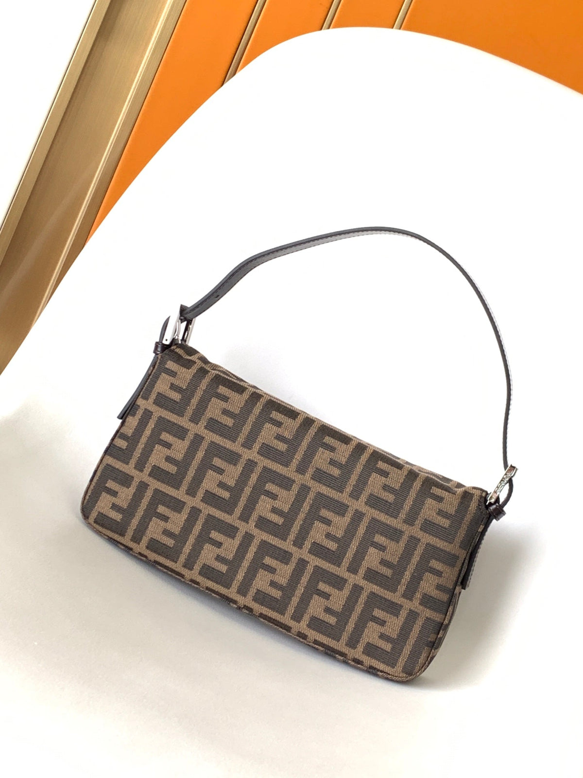 FENDI Fend Baguette 27 Shoulder Bag Brown FF Jacquard Fabric Bag Shw