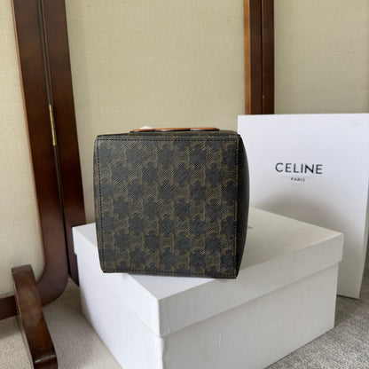 CELINE CUBE BAG 15 IN BLACK TRIOMPHE CANVAS AND BROWN CALFSKIN