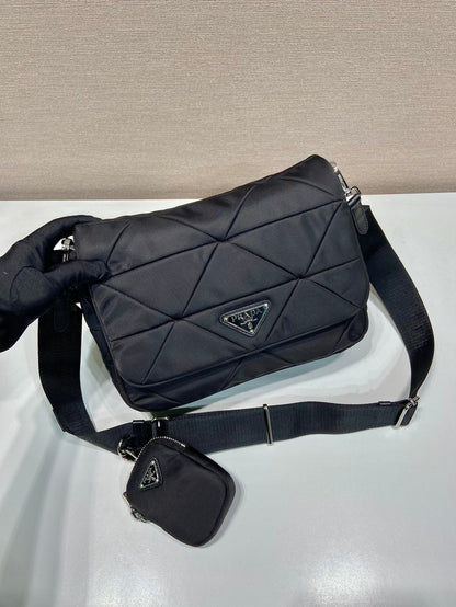 PRADA MEDIUM FLAP BAG 24 IN BLACK TRIANGULAR QUILTED PATTERN RE-NYLON