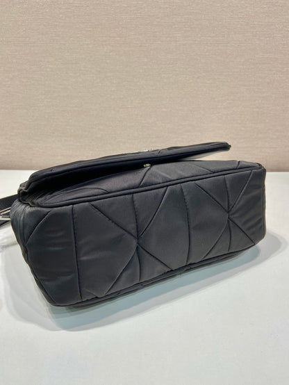 PRADA MEDIUM FLAP BAG 24 IN BLACK TRIANGULAR QUILTED PATTERN RE-NYLON