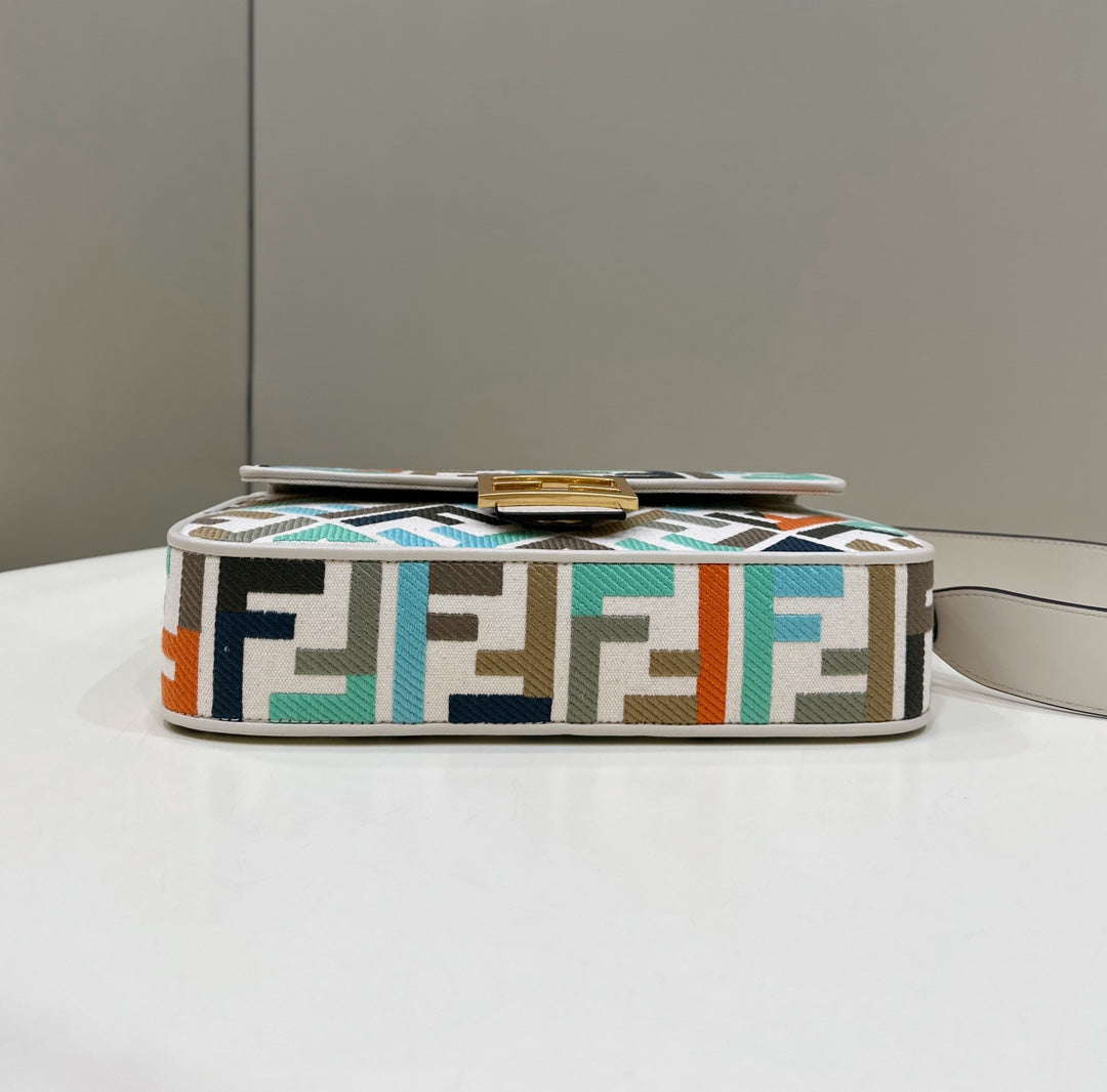 FENDI BAGUETTE CANVAS 27 BAG WHITE STRAP WITH MULTICOLOUR EMBROIDERY GOLD HARDWARE