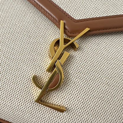 SAINT LAURENT CASSANDRA 20 WHITE COTTON LINEN AND BROWN CALFSKIN