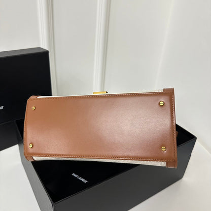 SAINT LAURENT CASSANDRA 20 WHITE COTTON LINEN AND BROWN CALFSKIN