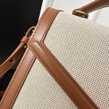 SAINT LAURENT CASSANDRA 20 WHITE COTTON LINEN AND BROWN CALFSKIN