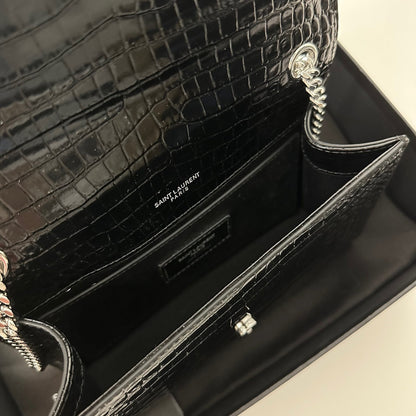 SAINT LAURENT KATE TASSEL 20 BLACK CROCODILE PATTERN CALFSKIN WITH SILVER LOGO