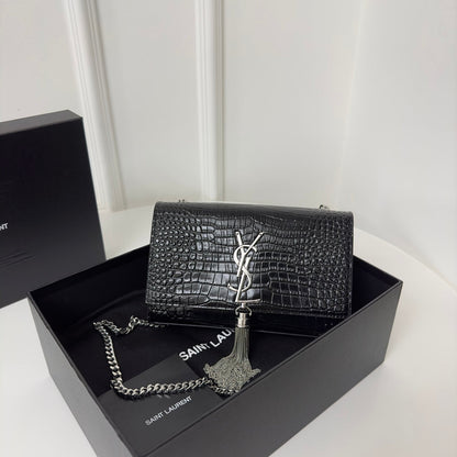 SAINT LAURENT KATE TASSEL 20 BLACK CROCODILE PATTERN CALFSKIN WITH SILVER LOGO
