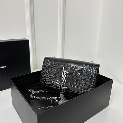 SAINT LAURENT KATE TASSEL 20 BLACK CROCODILE PATTERN CALFSKIN WITH SILVER LOGO
