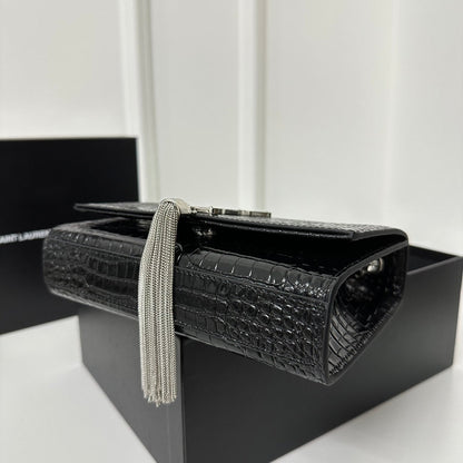 SAINT LAURENT KATE TASSEL 20 BLACK CROCODILE PATTERN CALFSKIN WITH SILVER LOGO