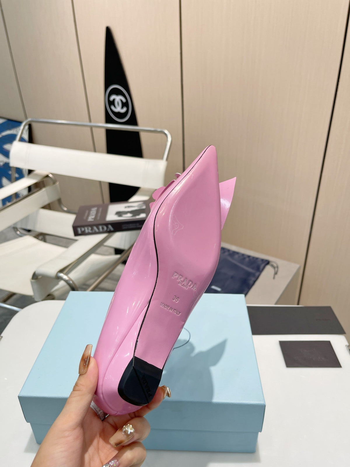 PRADA BALLET FLATS POINTED TOE IN PINK SHINY CALFSKIN ATTACHED FLOWERS